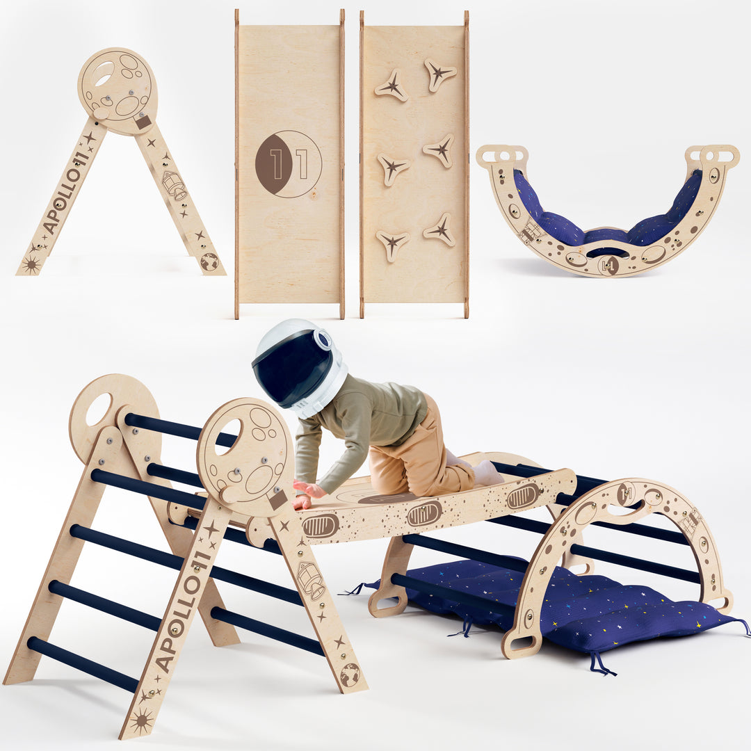 Ensemble d'Escalade Apollo 4-en-1 : Triangle Pikler, Arche, Planche de Glisse et Coussin pour Petits Astronautes en Herbe