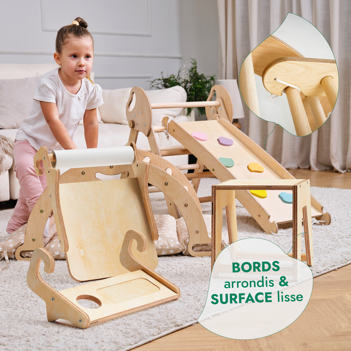 5en1 Ensemble d'escalade pour enfants : Échelle Triangulaire + Arche d'Escalade + Ajout Artistique + Toboggan + Coussin (1-3 ans)