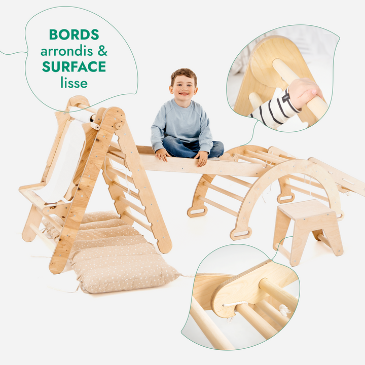 6en1 Ensemble d'Escalade Montessori : Échelle Triangulaire + Arche/Rocker + Toboggan/Rampe + Filet + Coussin + Ajout Artistique
