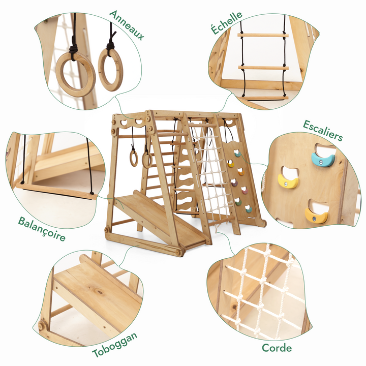 Jungle Gym d'intérieur 6 en 1 pour enfants : aire de jeux + balançoires + toboggan + corde + escaliers