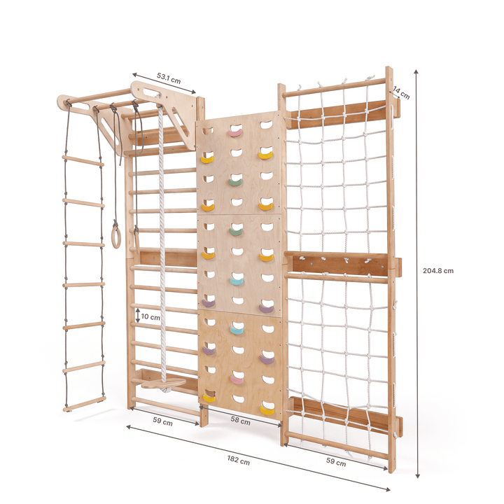 7-in-1 Mur d'Escalade pour Enfant : Espalier, Prises, Filet, Barre de Traction & Set de Balançoire 3en1