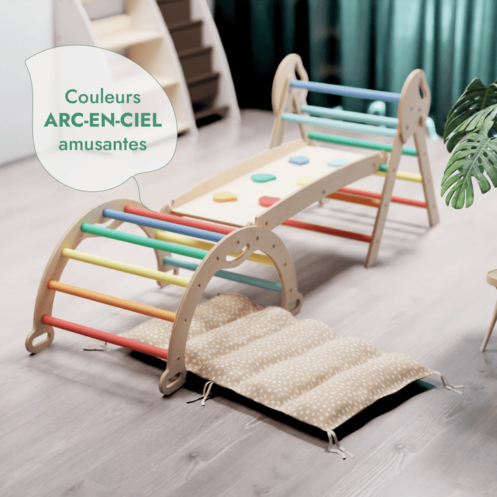 4en1 Ensemble d'escalade pour enfants : Échelle Triangulaire + Arche d'Escalade + Toboggan + Coussin (1 - 3 ans) - Arc - en - ciel - Goodevas FR