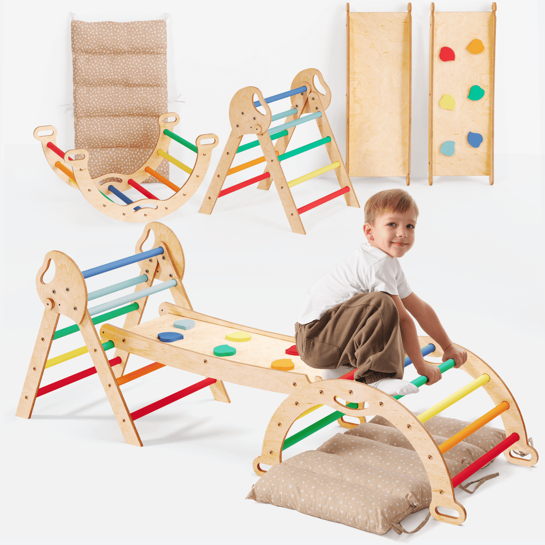 4en1 Ensemble d'escalade pour enfants : Échelle Triangulaire + Arche d'Escalade + Toboggan + Coussin (1 - 3 ans) - Arc - en - ciel - Goodevas FR