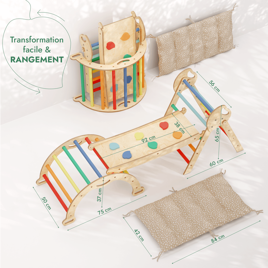 4en1 Ensemble d'escalade pour enfants : Échelle Triangulaire + Arche d'Escalade + Toboggan + Coussin (1 - 3 ans) - Arc - en - ciel - Goodevas FR