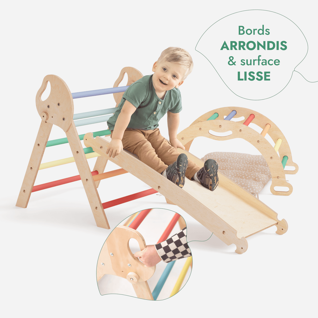 4en1 Ensemble d'escalade pour enfants : Échelle Triangulaire + Arche d'Escalade + Toboggan + Coussin (1 - 3 ans) - Arc - en - ciel - Goodevas FR