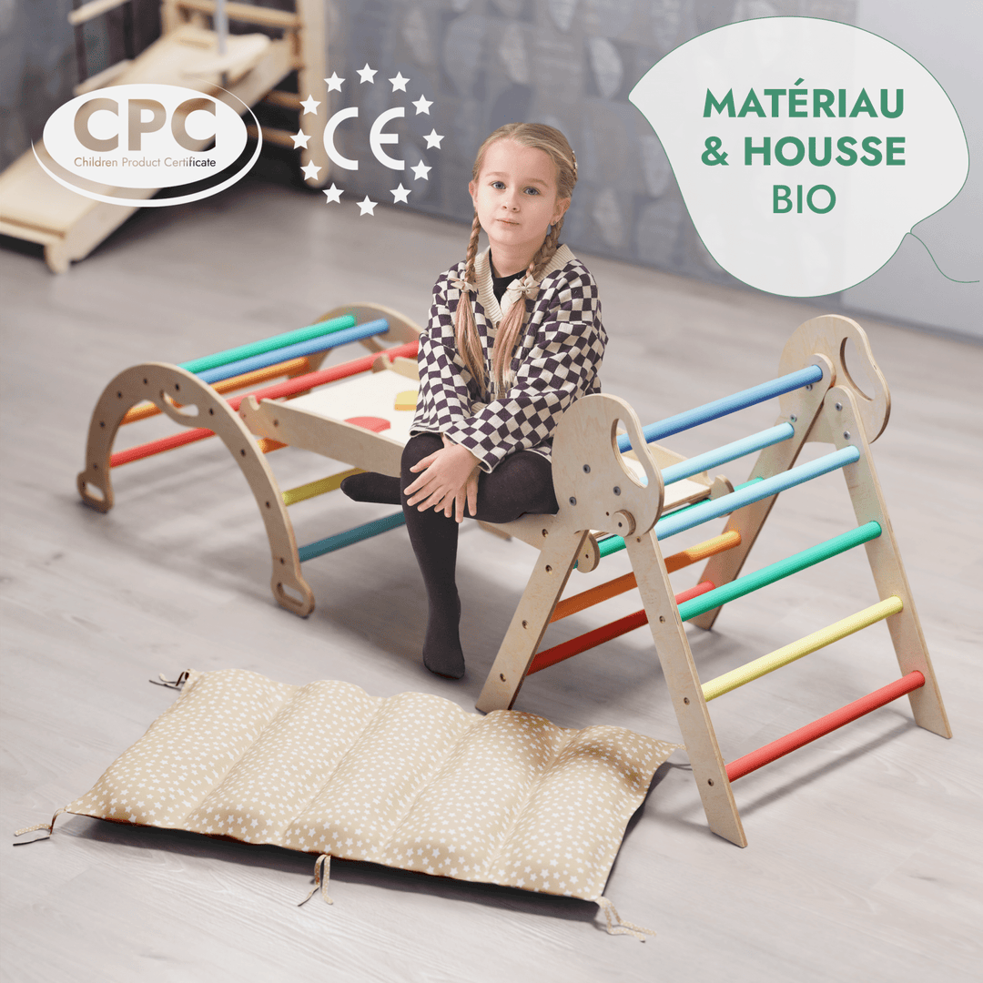 4en1 Ensemble d'escalade pour enfants : Échelle Triangulaire + Arche d'Escalade + Toboggan + Coussin (1 - 3 ans) - Arc - en - ciel - Goodevas FR