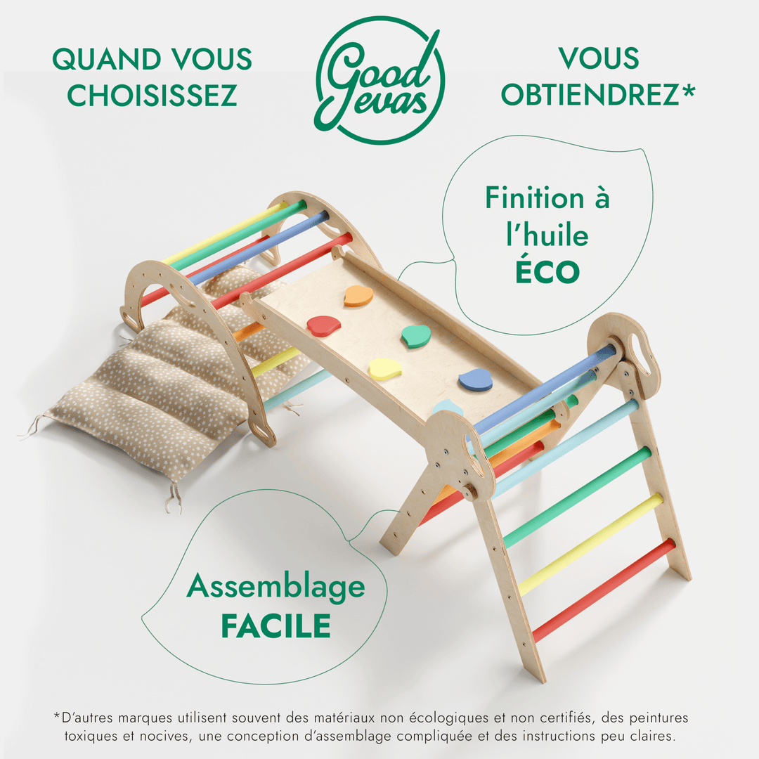 4en1 Ensemble d'escalade pour enfants : Échelle Triangulaire + Arche d'Escalade + Toboggan + Coussin (1 - 3 ans) - Arc - en - ciel - Goodevas FR