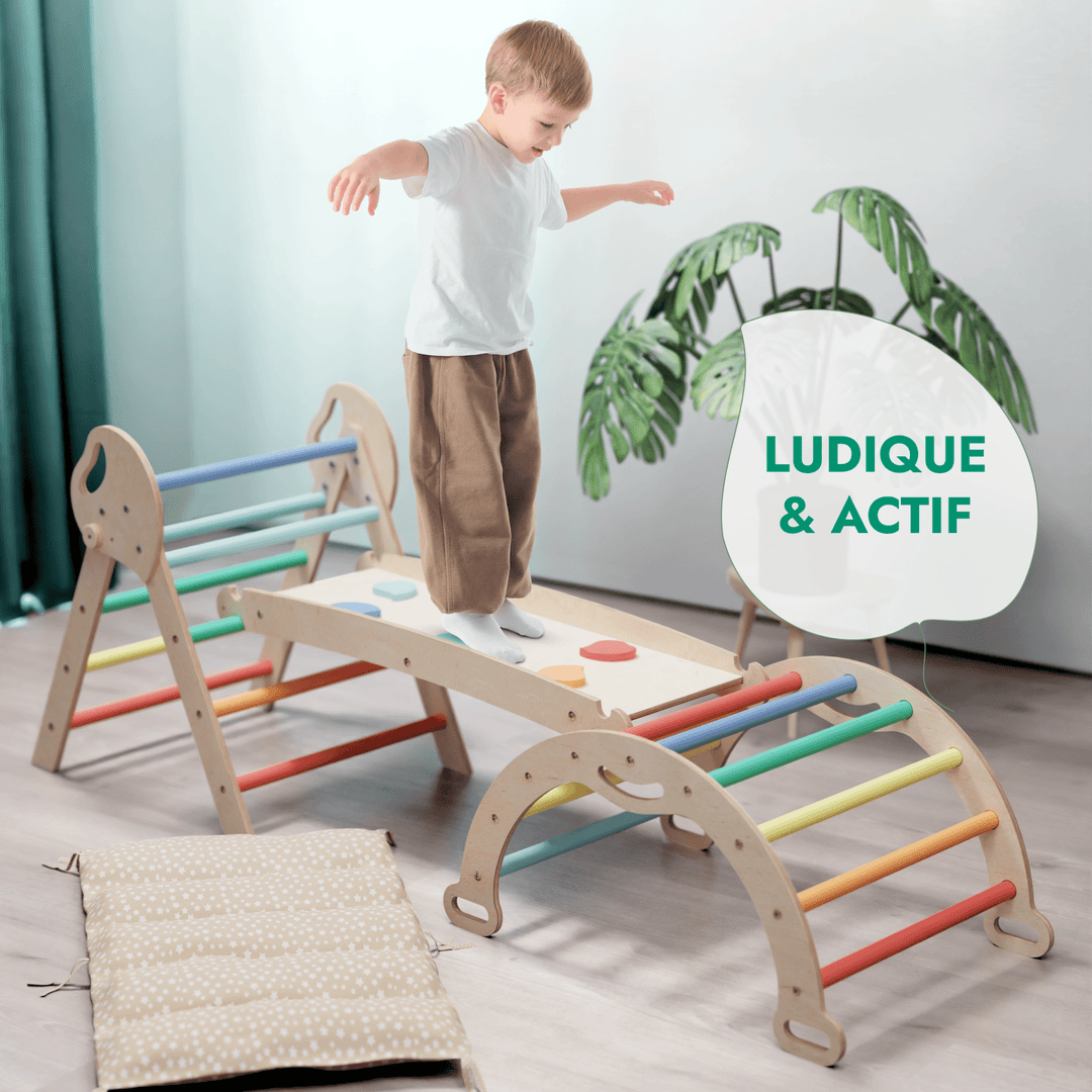 4en1 Ensemble d'escalade pour enfants : Échelle Triangulaire + Arche d'Escalade + Toboggan + Coussin (1 - 3 ans) - Arc - en - ciel - Goodevas FR