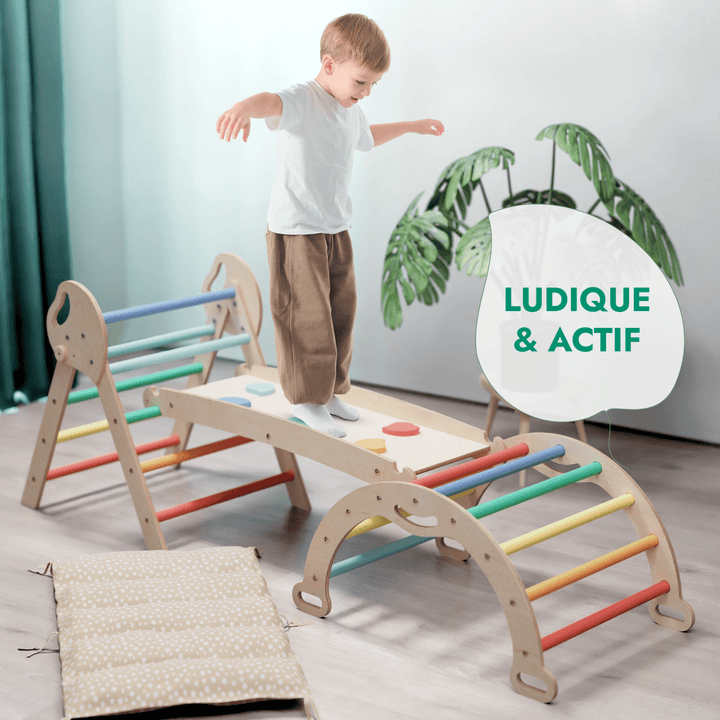 4en1 Ensemble d'escalade pour enfants : Échelle Triangulaire + Arche d'Escalade + Toboggan + Coussin (1 - 3 ans) - Arc - en - ciel - Goodevas FR