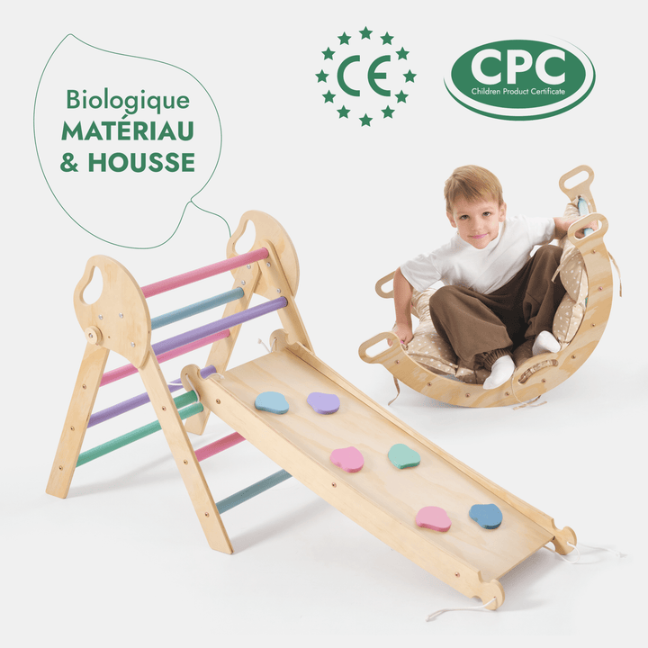 4en1 Ensemble d'escalade pour enfants : Échelle Triangulaire + Arche d'Escalade + Toboggan + Coussin (1 - 3 ans) - Pastel - Goodevas FR
