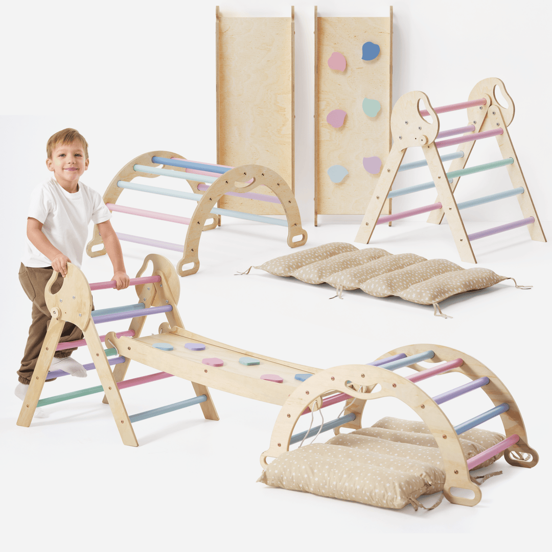 4en1 Ensemble d'escalade pour enfants : Échelle Triangulaire + Arche d'Escalade + Toboggan + Coussin (1 - 3 ans) - Pastel - Goodevas FR