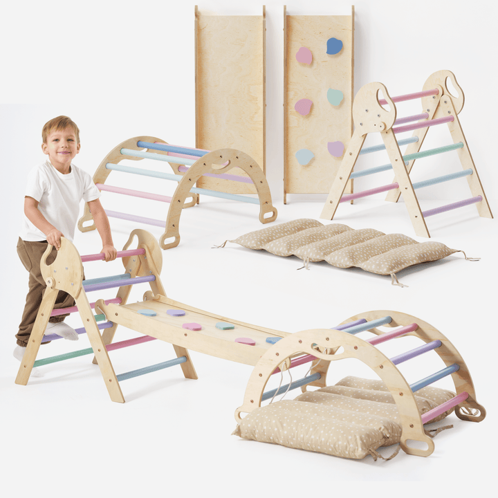 4en1 Ensemble d'escalade pour enfants : Échelle Triangulaire + Arche d'Escalade + Toboggan + Coussin (1 - 3 ans) - Pastel - Goodevas FR