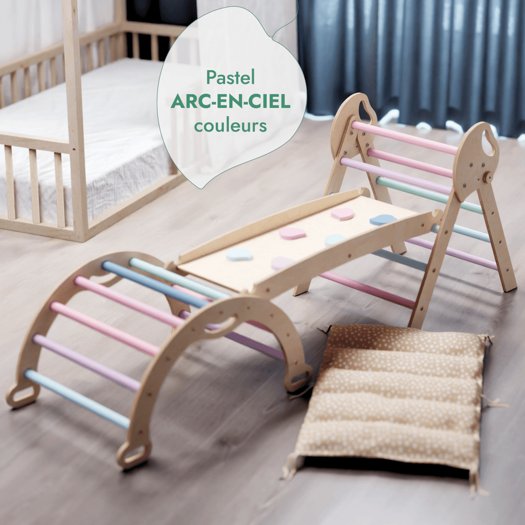 4en1 Ensemble d'escalade pour enfants : Échelle Triangulaire + Arche d'Escalade + Toboggan + Coussin (1 - 3 ans) - Pastel - Goodevas FR