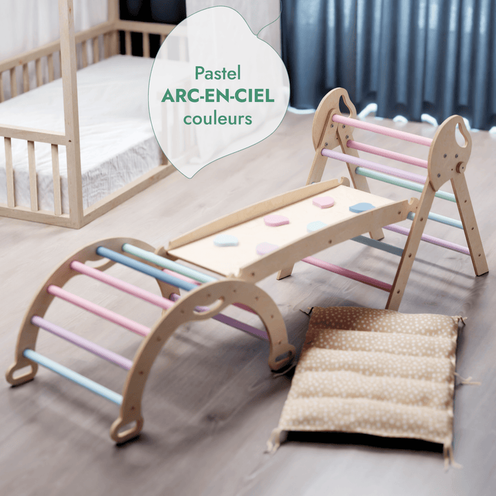 4en1 Ensemble d'escalade pour enfants : Échelle Triangulaire + Arche d'Escalade + Toboggan + Coussin (1 - 3 ans) - Pastel - Goodevas FR