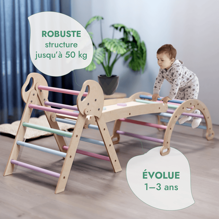 4en1 Ensemble d'escalade pour enfants : Échelle Triangulaire + Arche d'Escalade + Toboggan + Coussin (1 - 3 ans) - Pastel - Goodevas FR