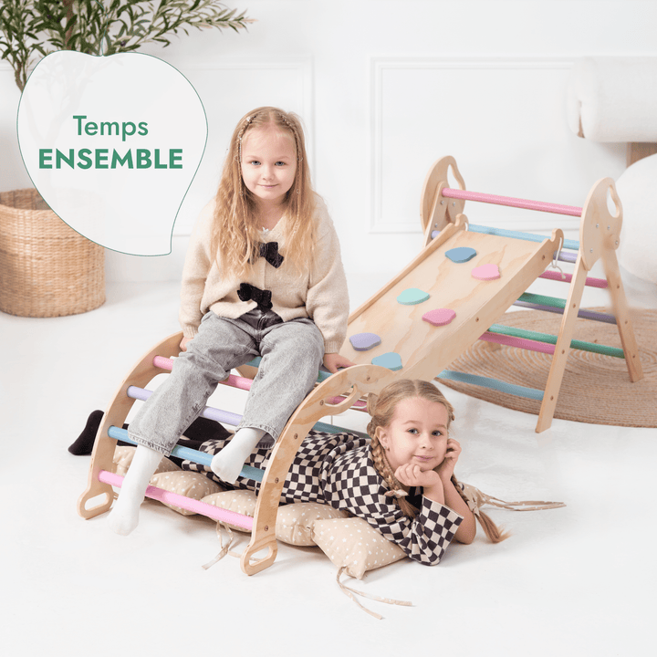 4en1 Ensemble d'escalade pour enfants : Échelle Triangulaire + Arche d'Escalade + Toboggan + Coussin (1 - 3 ans) - Pastel - Goodevas FR