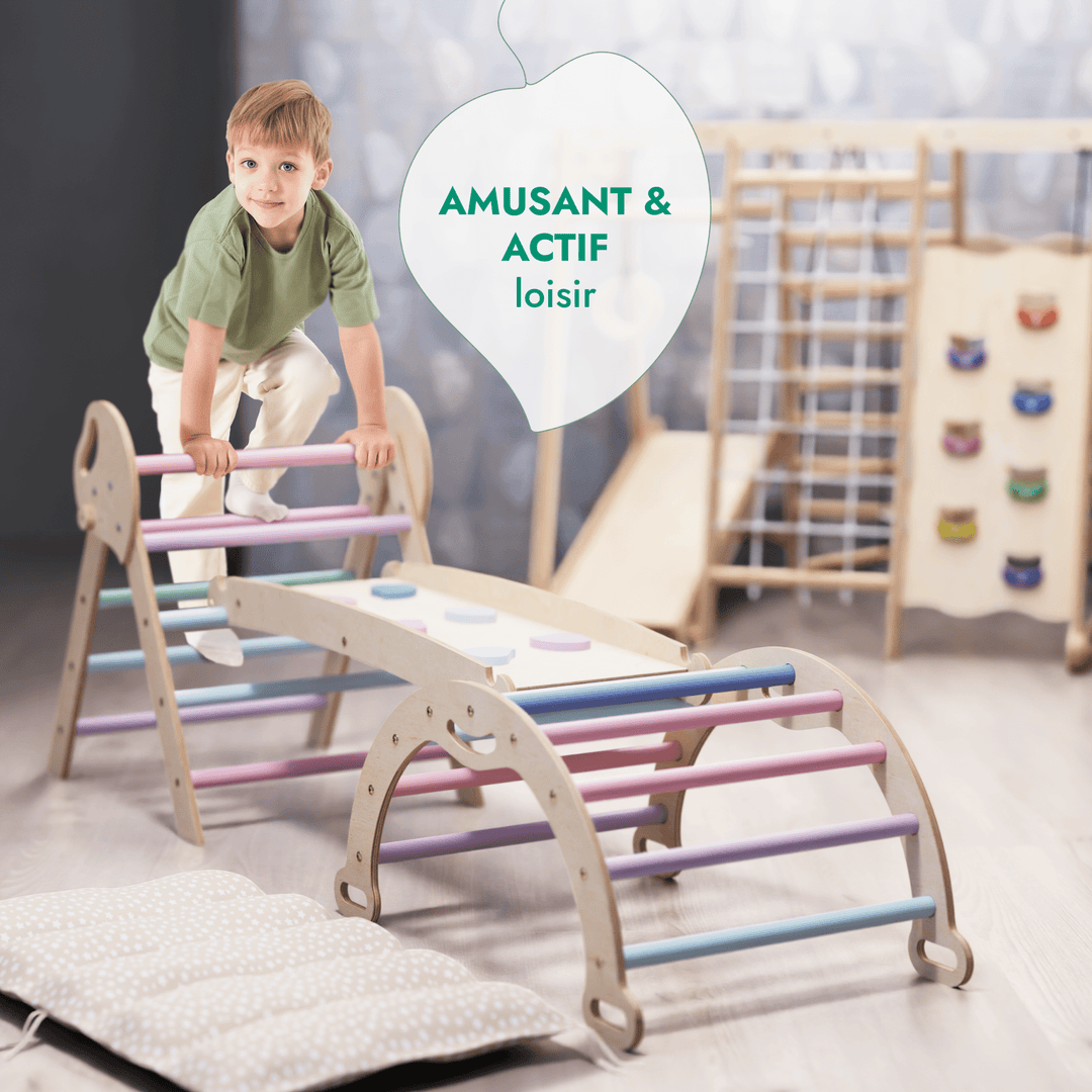 4en1 Ensemble d'escalade pour enfants : Échelle Triangulaire + Arche d'Escalade + Toboggan + Coussin (1 - 3 ans) - Pastel - Goodevas FR
