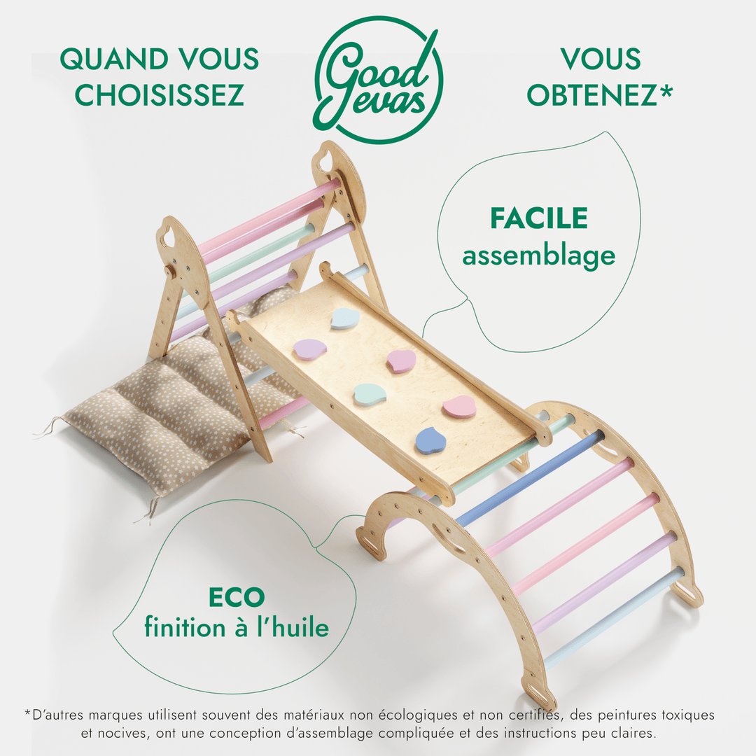 4en1 Ensemble d'escalade pour enfants : Échelle Triangulaire + Arche d'Escalade + Toboggan + Coussin (1 - 3 ans) - Pastel - Goodevas FR