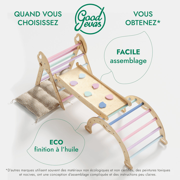 4en1 Ensemble d'escalade pour enfants : Échelle Triangulaire + Arche d'Escalade + Toboggan + Coussin (1 - 3 ans) - Pastel - Goodevas FR