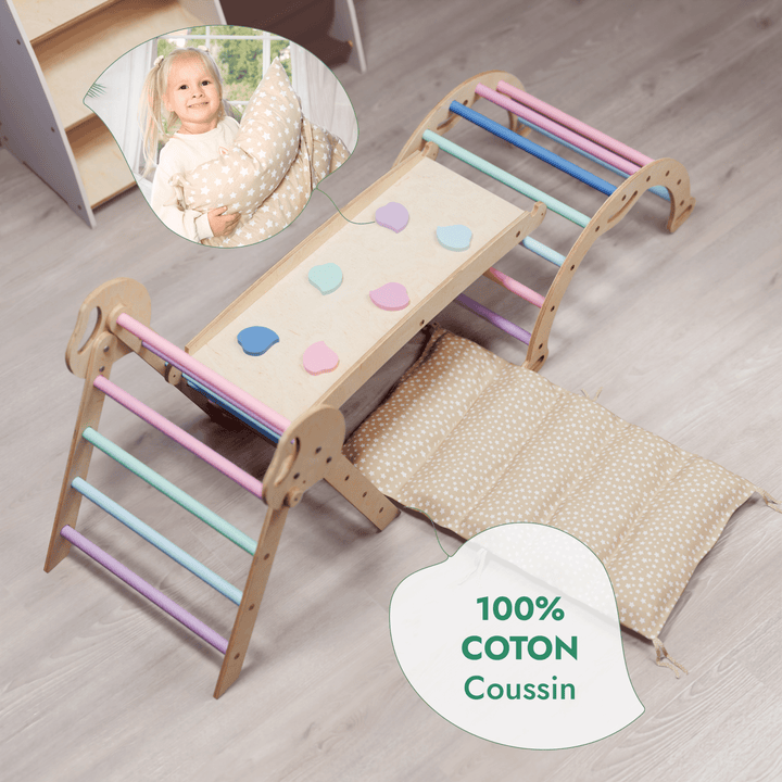 4en1 Ensemble d'escalade pour enfants : Échelle Triangulaire + Arche d'Escalade + Toboggan + Coussin (1 - 3 ans) - Pastel - Goodevas FR