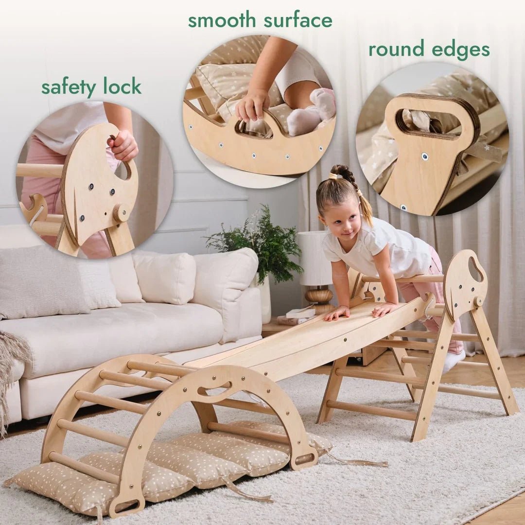 4en1 Ensemble d'escalade pour enfants : Échelle Triangulaire + Arche d'Escalade + Toboggan + Coussin (1 - 3 ans) - Goodevas FR