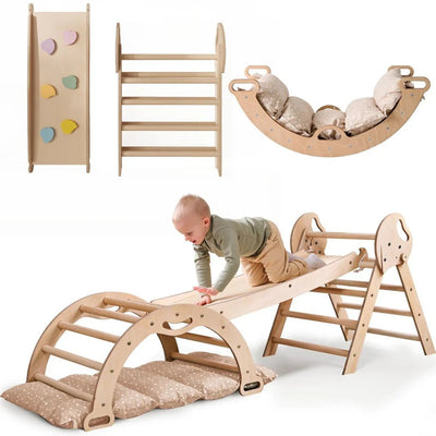 4en1 Ensemble d'escalade pour enfants : Échelle Triangulaire + Arche d'Escalade + Toboggan + Coussin (1-3 ans) - Beige