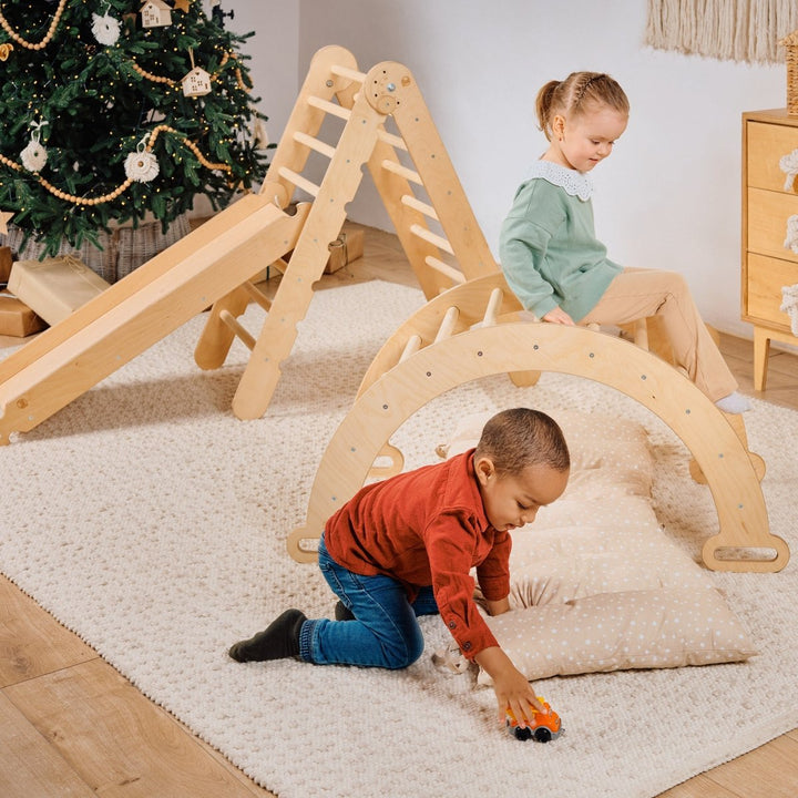 Ensemble d'Escalade Montessori 4en1 : Echelle Triangulaire + Arche d'Escalade + Toboggan + Coussin Beige