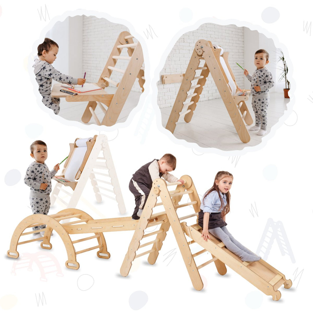 5en1 Ensemble d'Escalade Montessori : Échelle Triangulaire + Arche d'Escalade + Toboggan + Filet d'Escalade + Ajout Artistique - Goodevas FR