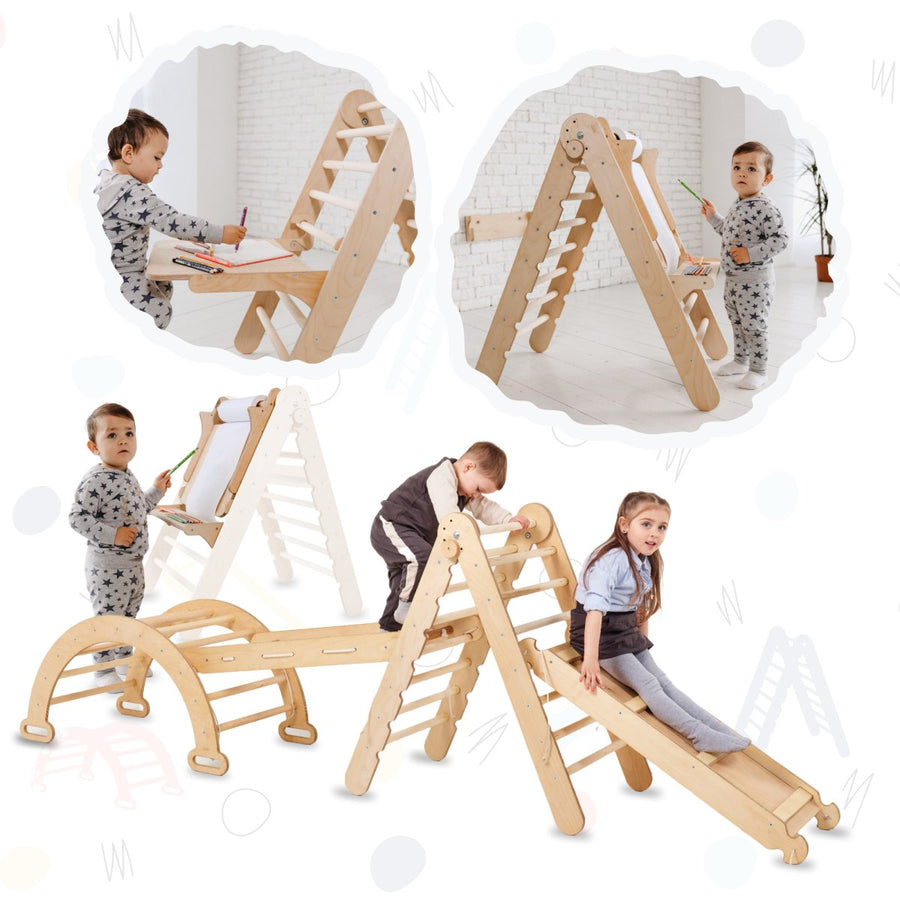 5en1 Ensemble d'Escalade Montessori : Échelle Triangulaire + Arche d'Escalade + Toboggan + Filet d'Escalade + Ajout Artistique - Goodevas FR