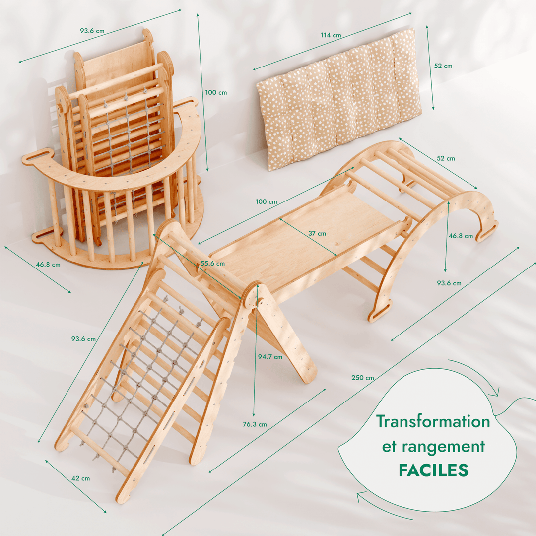 5en1 Ensemble d'Escalade Montessori : Échelle Triangulaire + Arche d'Escalade + Toboggan + Filet d'Escalade + Ajout Artistique - Goodevas FR