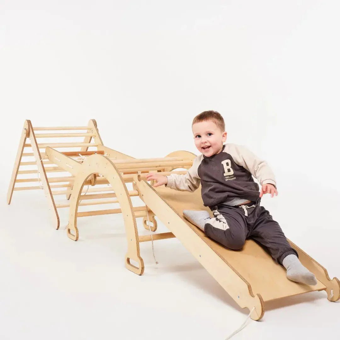 5en1 Ensemble d'Escalade Montessori : Échelle Triangulaire + Arche d'Escalade + Toboggan + Filet d'Escalade + Ajout Artistique - Goodevas FR