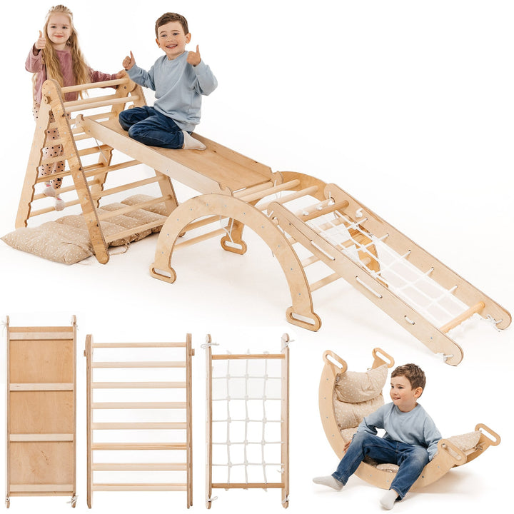 5en1 Ensemble d'Escalade Montessori : Échelle Triangulaire + Arche d'Escalade + Toboggan + Filet d'Escalade + Coussin - Goodevas FR