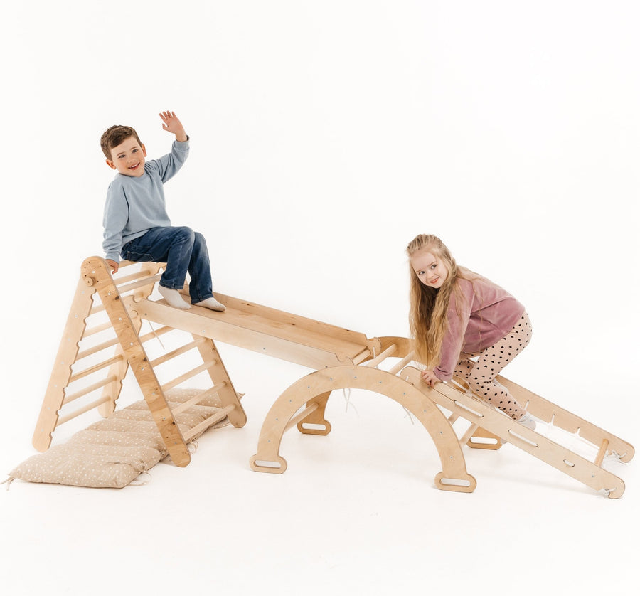 5en1 Ensemble d'Escalade Montessori : Échelle Triangulaire + Arche d'Escalade + Toboggan + Filet d'Escalade + Coussin - Goodevas FR