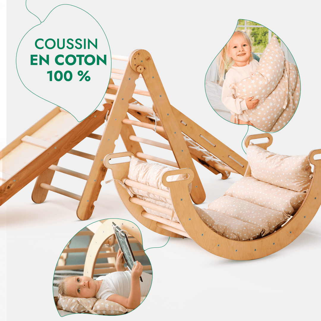 5en1 Ensemble d'Escalade Montessori : Échelle Triangulaire + Arche d'Escalade + Toboggan + Filet d'Escalade + Coussin - Goodevas FR