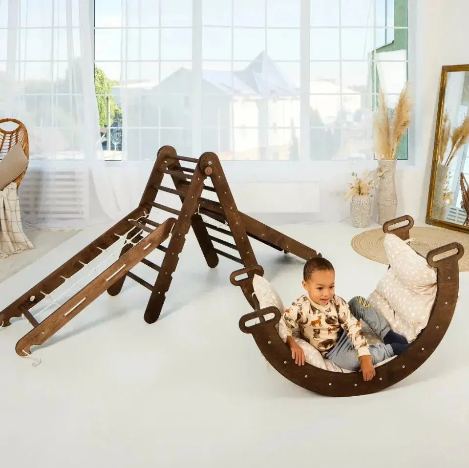 5en1 Ensemble d'Escalade Montessori : Échelle Triangulaire + Arche d'Escalade + Toboggan + Filet d'Escalade + Coussin - Goodevas FR