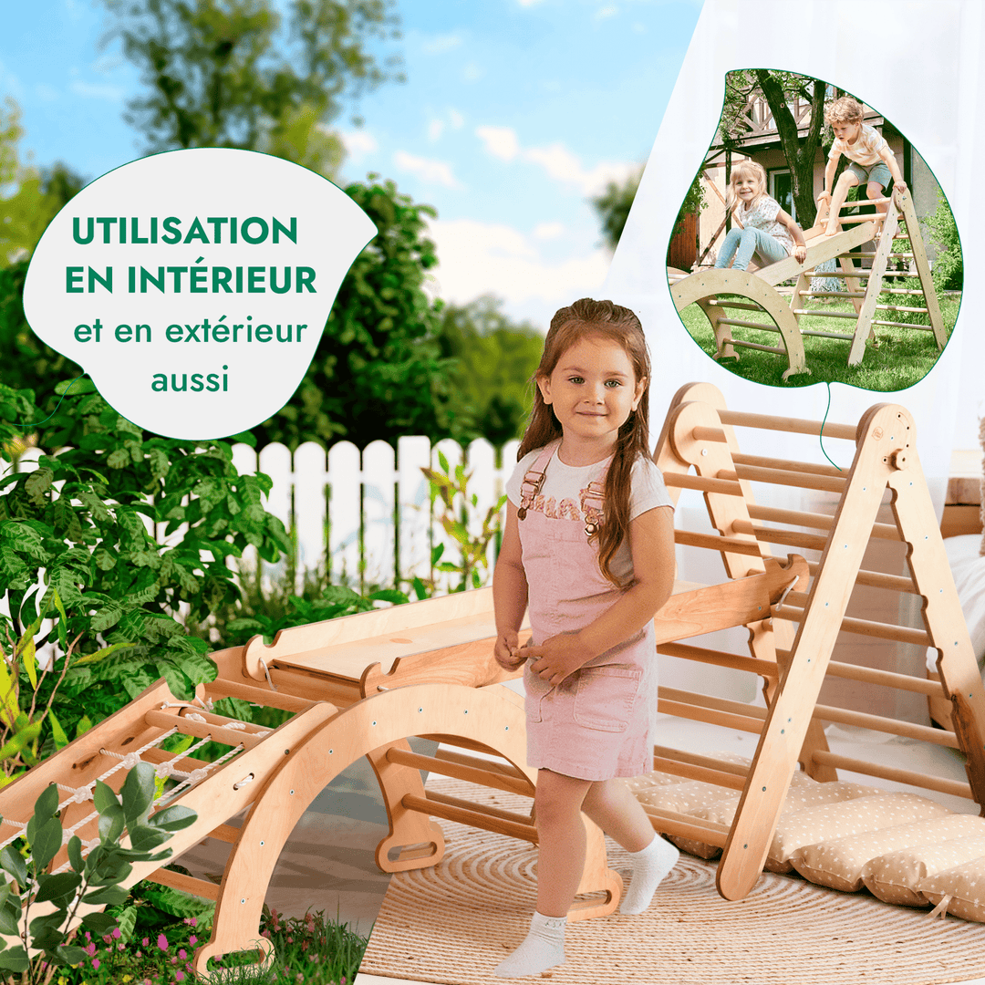 5en1 Ensemble d'Escalade Montessori : Échelle Triangulaire + Arche d'Escalade + Toboggan + Filet d'Escalade + Coussin - Goodevas FR