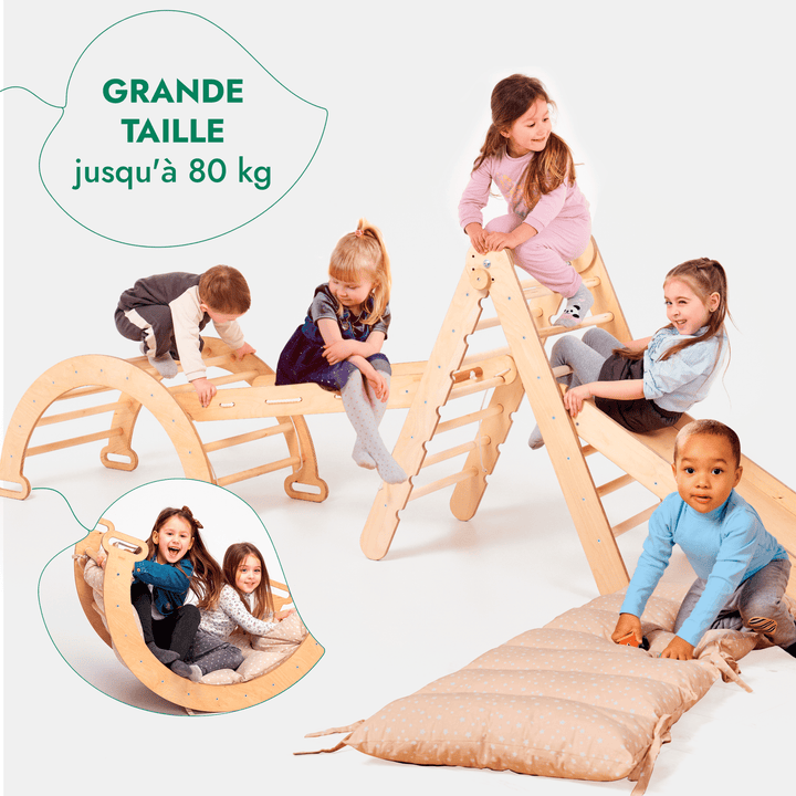 5en1 Ensemble d'Escalade Montessori : Échelle Triangulaire + Arche d'Escalade + Toboggan + Filet d'Escalade + Coussin - Goodevas FR