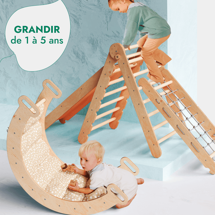 5en1 Ensemble d'Escalade Montessori : Échelle Triangulaire + Arche d'Escalade + Toboggan + Filet d'Escalade + Coussin - Goodevas FR