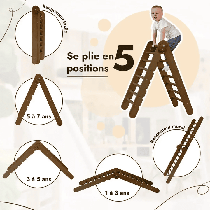 5en1 Ensemble d'escalade Montessori : Échelle triangulaire + Arche/Bascule + Planche/Toboggan + Filet + Coussin - Chocolat - Goodevas FR