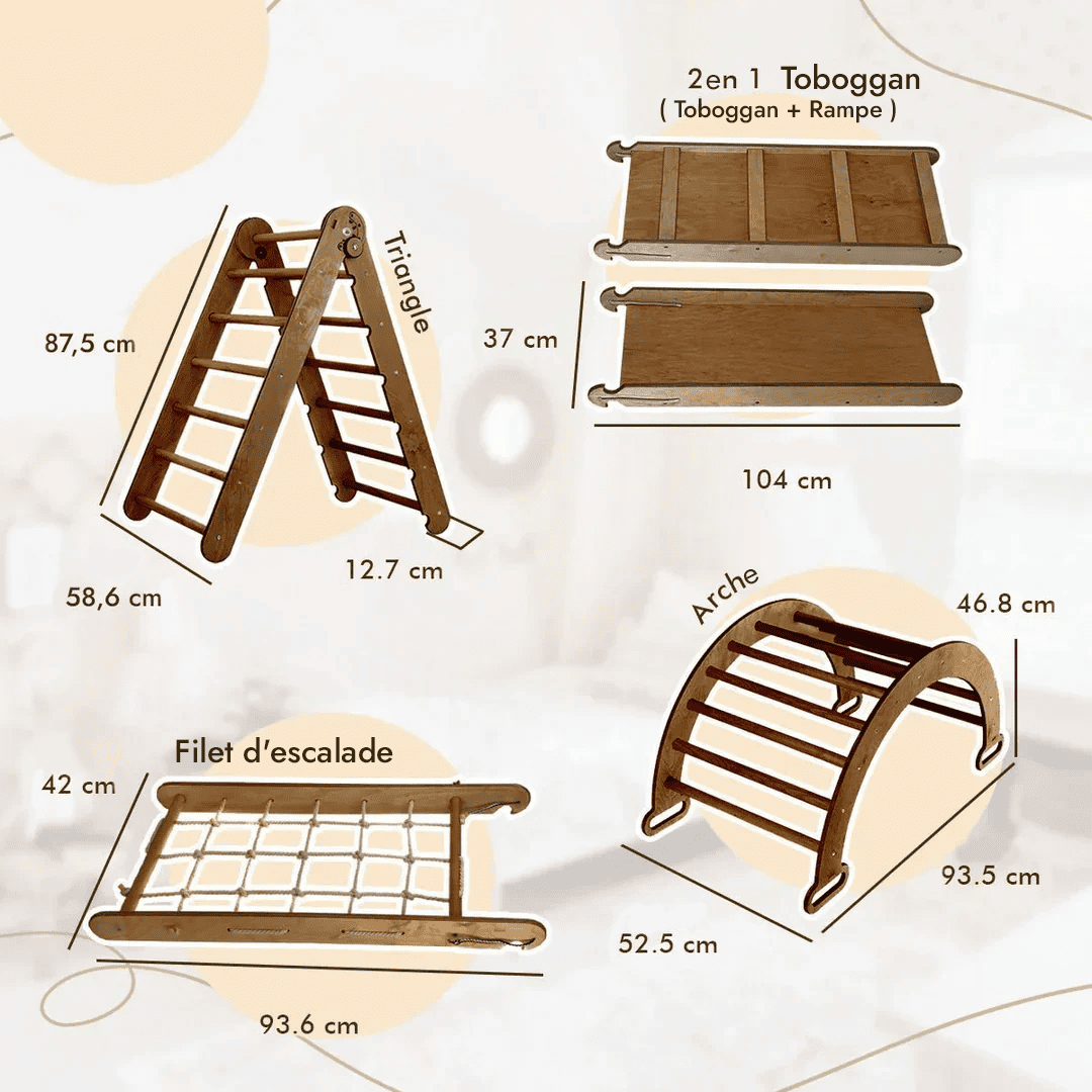 5en1 Ensemble d'escalade Montessori : Échelle triangulaire + Arche/Bascule + Planche/Toboggan + Filet + Coussin - Chocolat - Goodevas FR