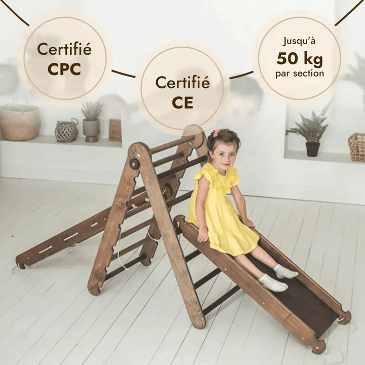 5en1 Ensemble d'escalade Montessori : Échelle triangulaire + Arche/Bascule + Planche/Toboggan + Filet + Coussin - Chocolat - Goodevas FR
