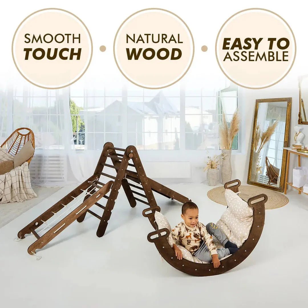 5en1 Ensemble d'escalade Montessori : Échelle triangulaire + Arche/Bascule + Planche/Toboggan + Filet + Coussin - Chocolat - Goodevas FR