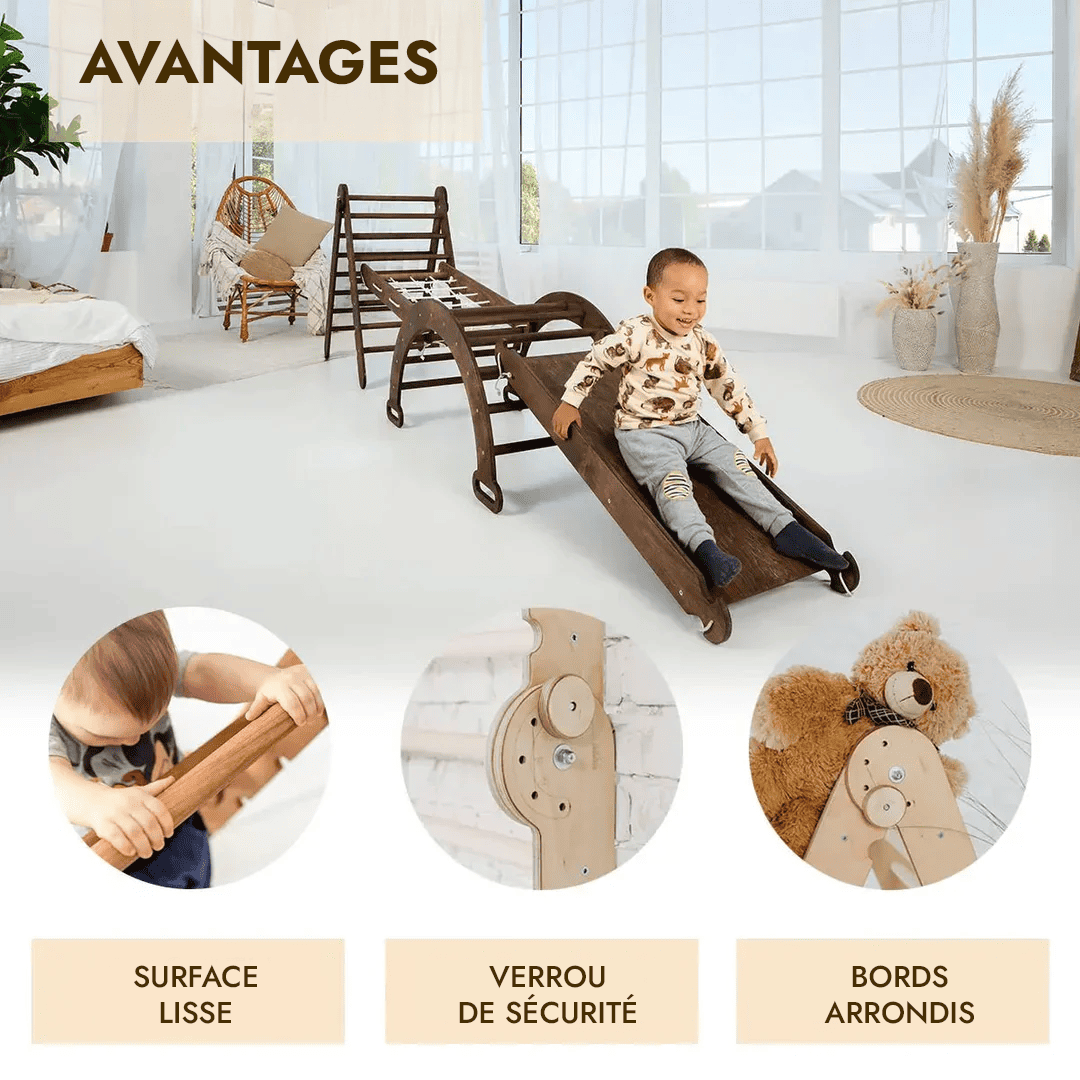 5en1 Ensemble d'escalade Montessori : Échelle triangulaire + Arche/Bascule + Planche/Toboggan + Filet + Coussin - Chocolat - Goodevas FR