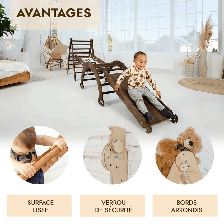 5en1 Ensemble d'escalade Montessori : Échelle triangulaire + Arche/Bascule + Planche/Toboggan + Filet + Coussin - Chocolat - Goodevas FR