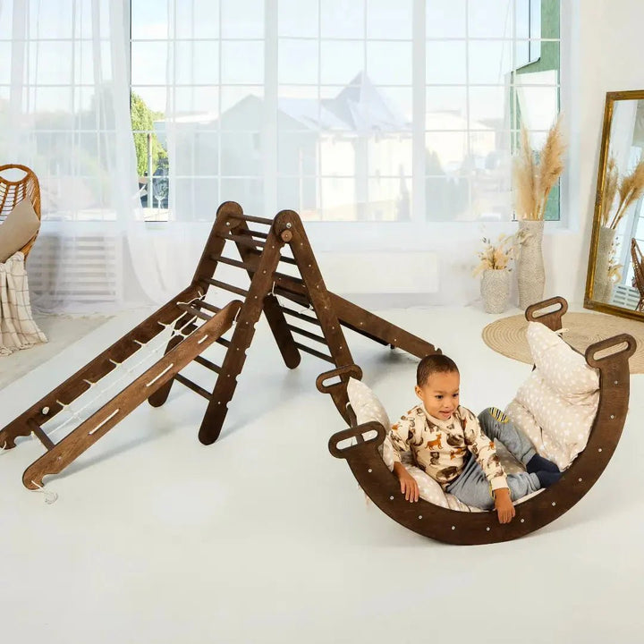 5en1 Ensemble d'escalade Montessori : Échelle triangulaire + Arche/Bascule + Planche/Toboggan + Filet + Coussin - Chocolat - Goodevas FR