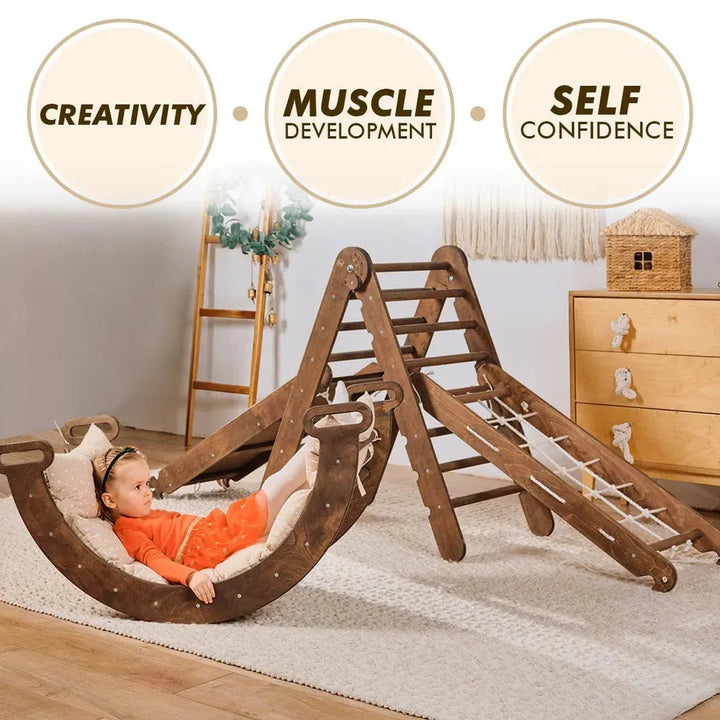5en1 Ensemble d'escalade Montessori : Échelle triangulaire + Arche/Bascule + Planche/Toboggan + Filet + Coussin - Chocolat - Goodevas FR