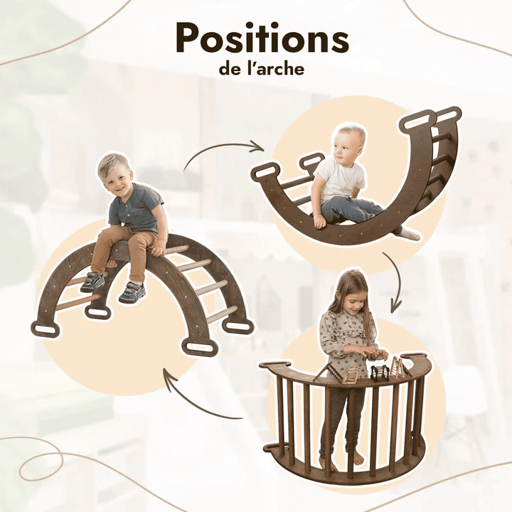 5en1 Ensemble d'escalade Montessori : Échelle triangulaire + Arche/Bascule + Planche/Toboggan + Filet + Coussin - Chocolat - Goodevas FR