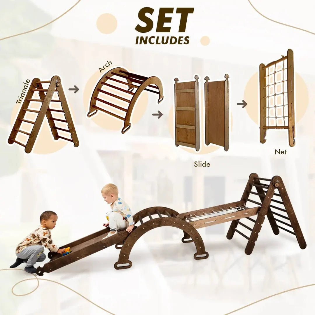 5en1 Ensemble d'escalade Montessori : Échelle triangulaire + Arche/Bascule + Planche/Toboggan + Filet + Coussin - Chocolat - Goodevas FR