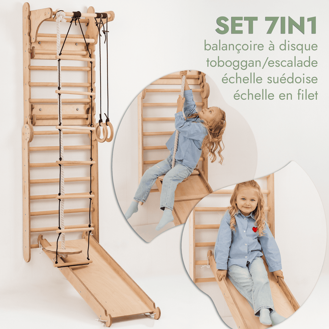 5en1 Mur suédois en bois / échelle d'escalade pour enfants + Balançoire + Toboggan + Extension artistique - Goodevas FR