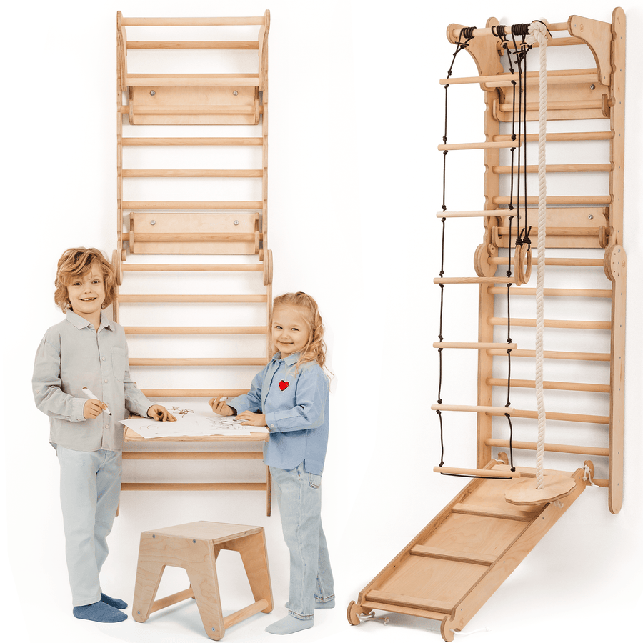 5en1 Mur suédois en bois / échelle d'escalade pour enfants + Balançoire + Toboggan + Extension artistique - Goodevas FR